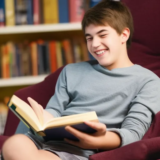 

A picture of a teenage boy sitting in a comfortable armchair with a book in his hands and a smile on his face. The image conveys the idea of a young person enjoying reading and being encouraged to do so.