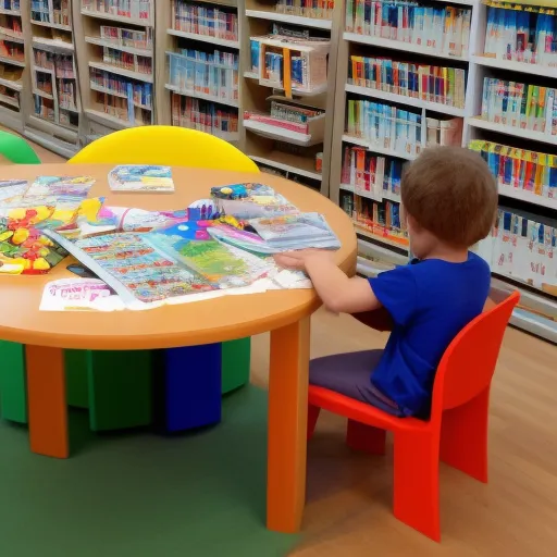 

Une image montrant un enfant heureux et enthousiaste assis à une table de bibliothèque, entouré de livres et de jouets éducatifs. L